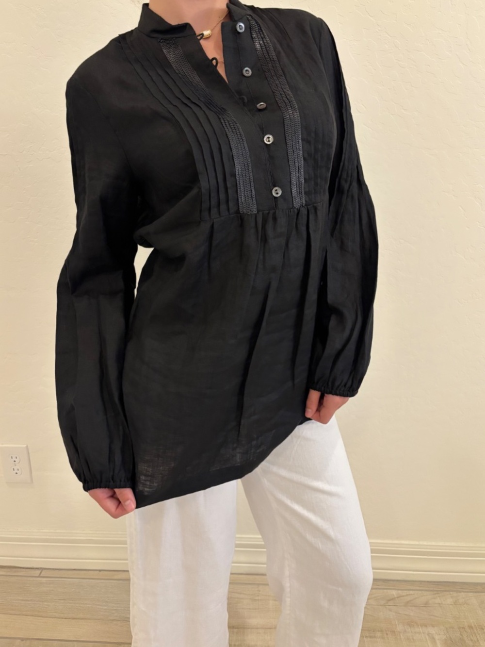 Worth New York 100% Linen Pintuck Bib Front Tunic Blouse - Black , Sz Medium - Picture 2 of 10